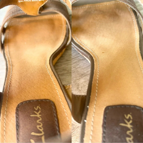 Clarks Brown Leather T Strap Wedge Heel Sandals - Picture 11 of 14